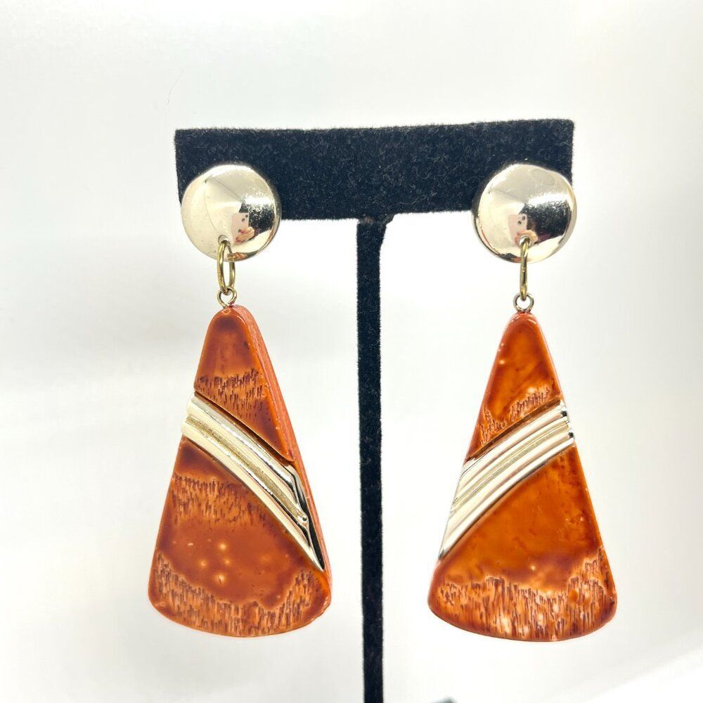 VINTAGE MODERNIST Earrings Wood Resin Gold Tone Geometric Statement Big Clip On